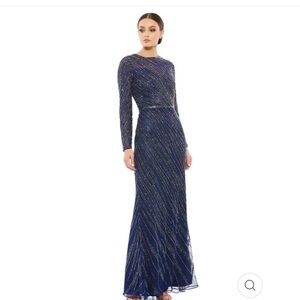 Mac Duggal 5240 Beaded Column Gown Size 4 Midnight Blue Long Sleeves $598 NWT